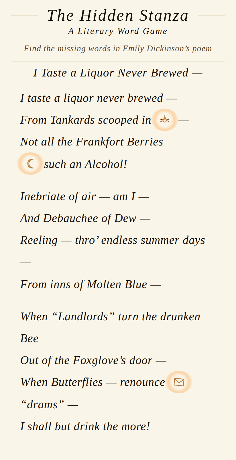 A poem with a few words hidden behind small hand-drawn symbols.